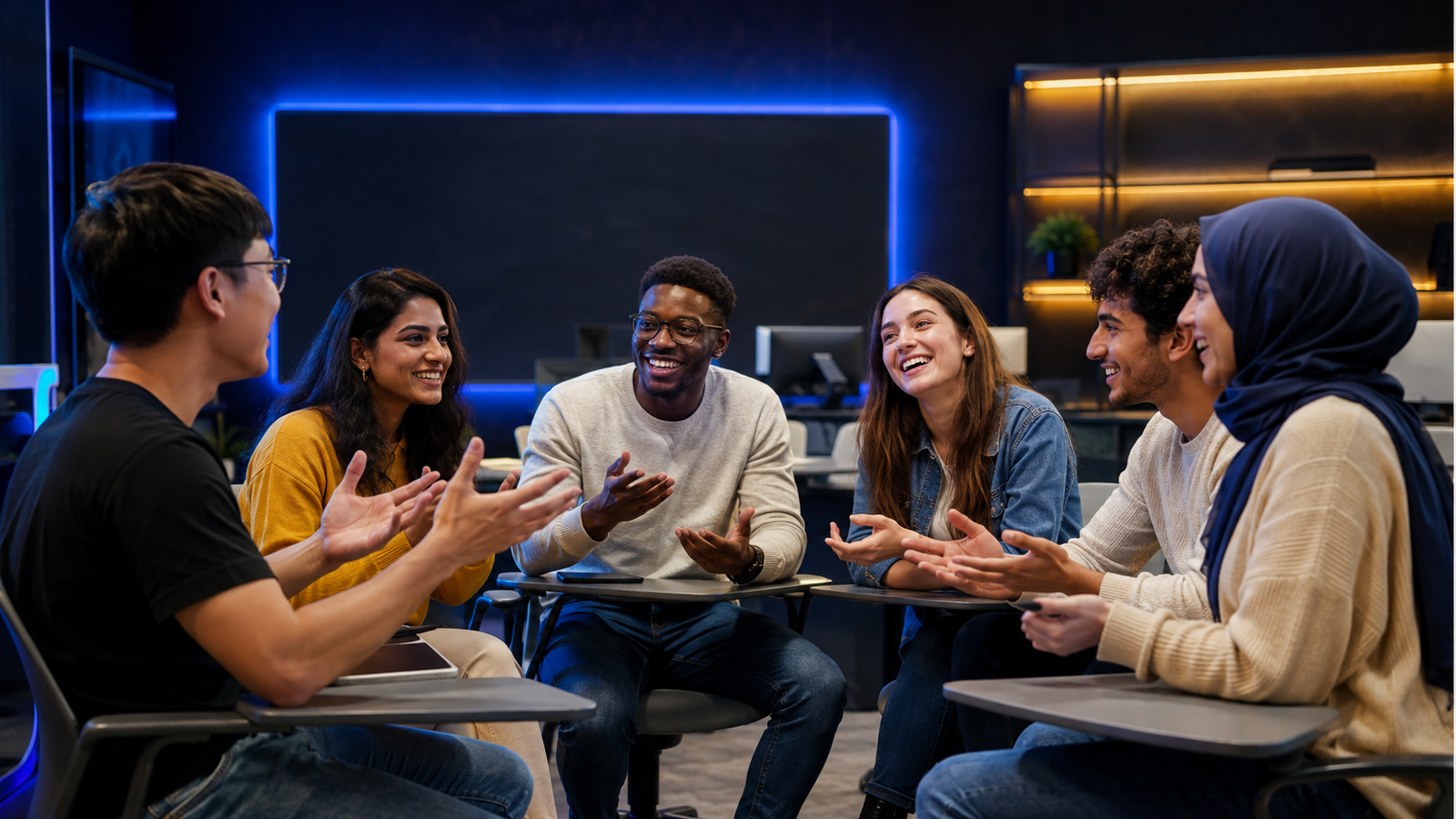Students from around the world speaking confidently in class